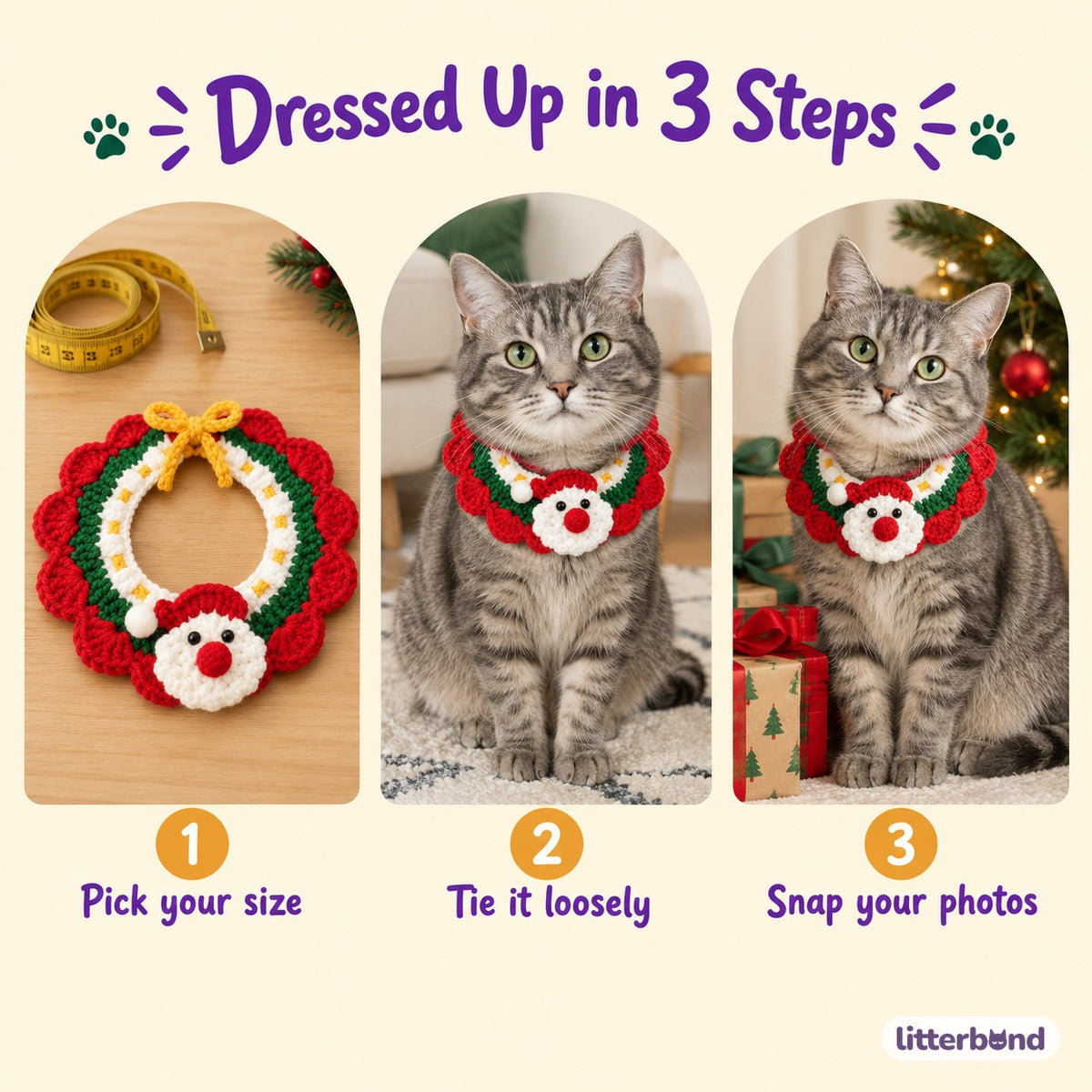 Santa, Bell & Tree Crochet Collar - how to put it on