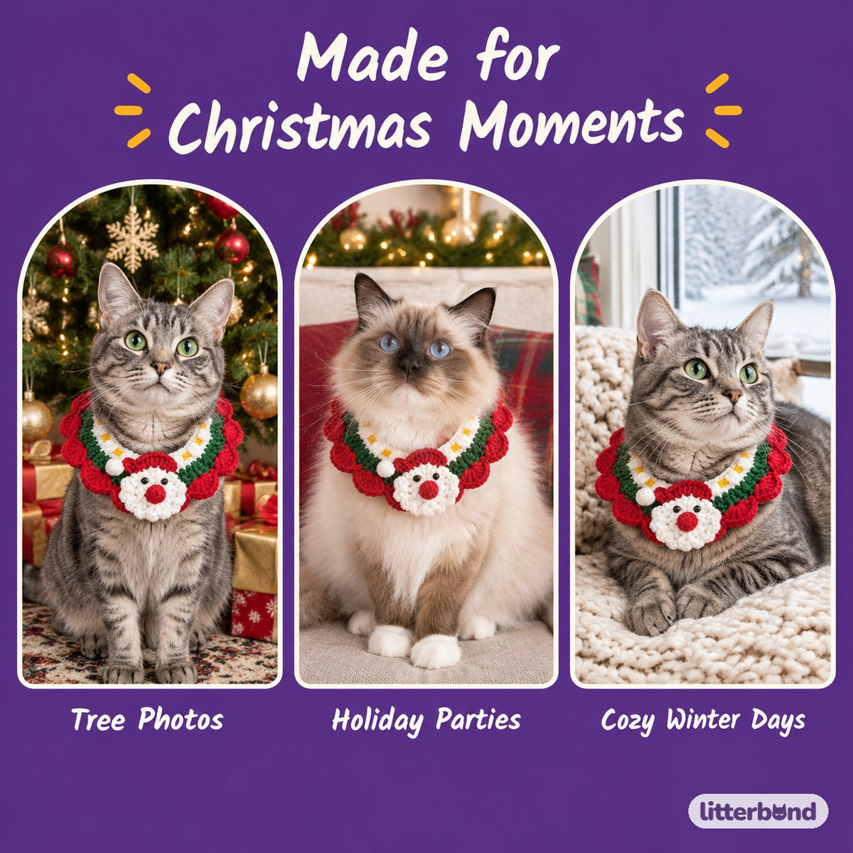 Santa, Bell & Tree Crochet Collar on a cat at home
