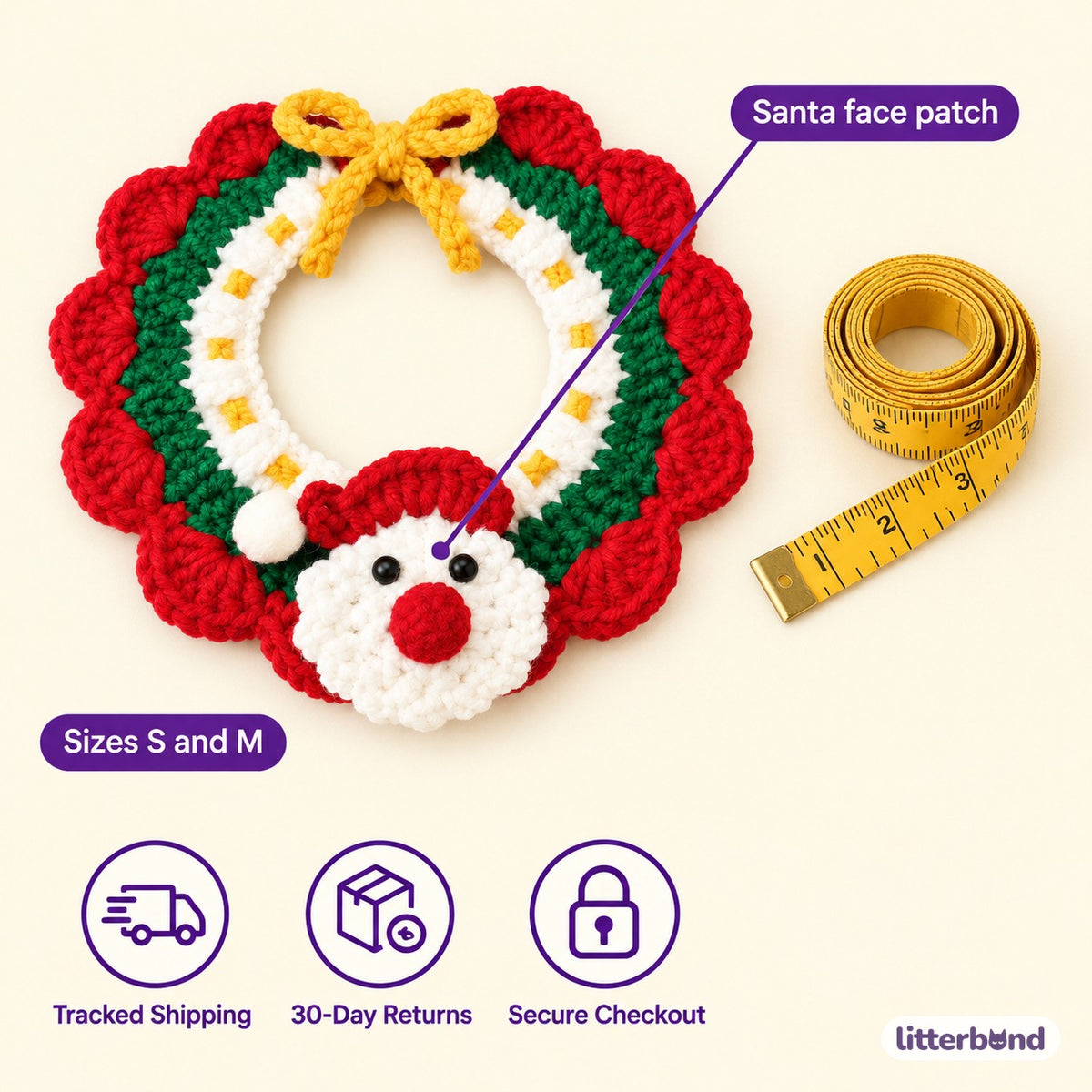 Santa, Bell & Tree Crochet Collar - size and details