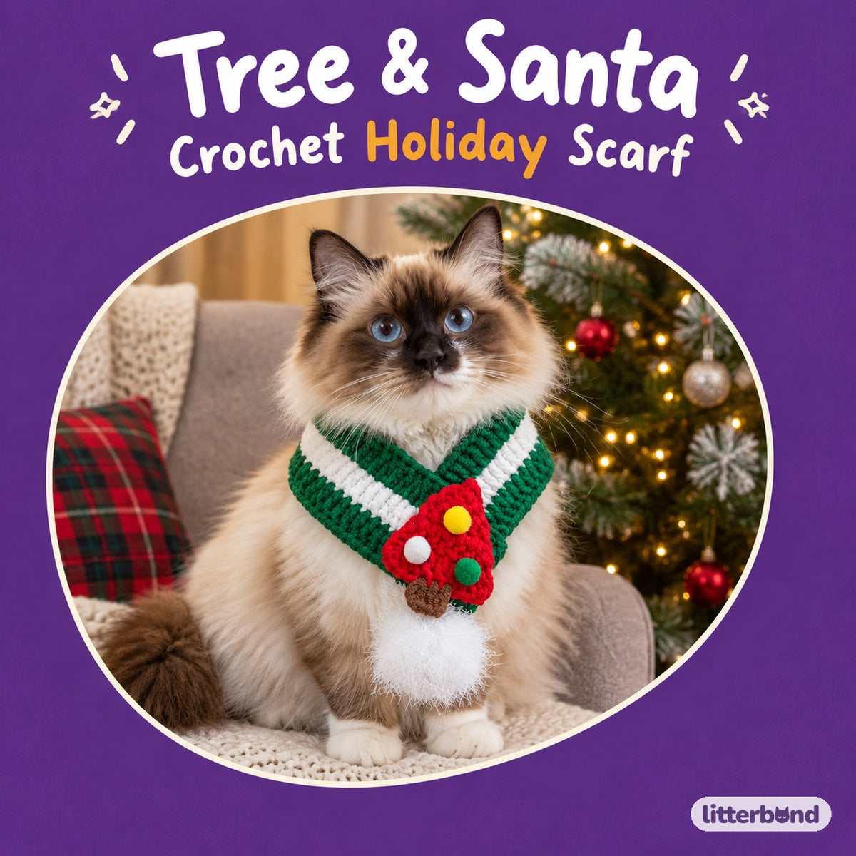 Tree & Santa Crochet Loop Scarf on a cat