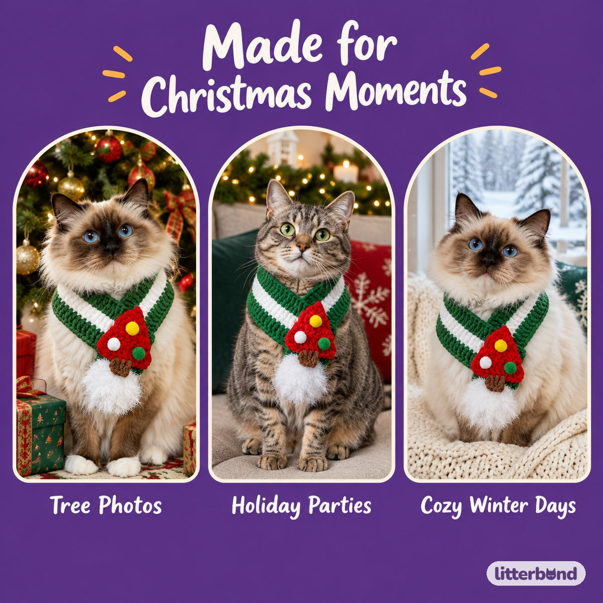 Tree & Santa Crochet Loop Scarf on a cat at home