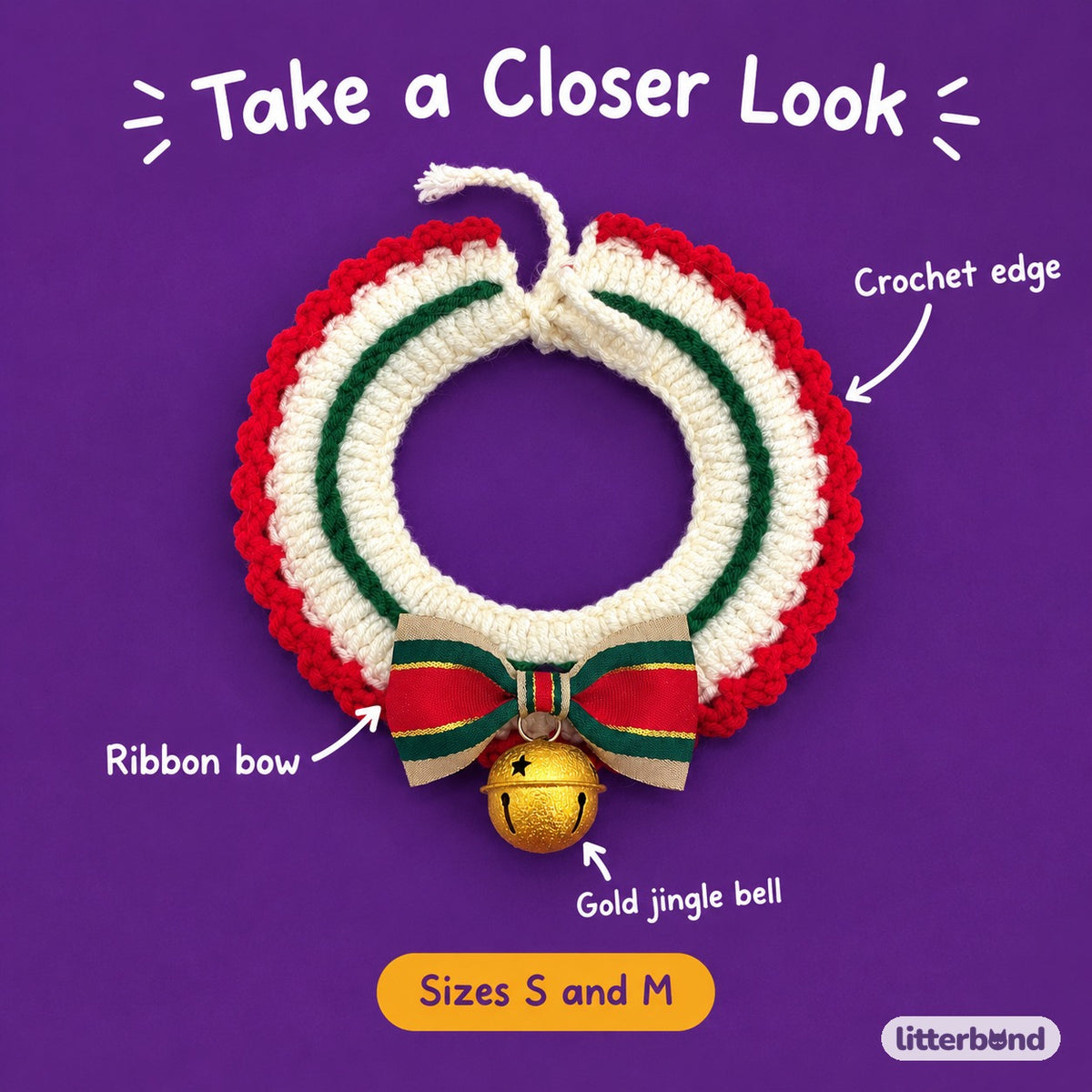 Gold Jingle Bell Ribbon Collar - close-up details