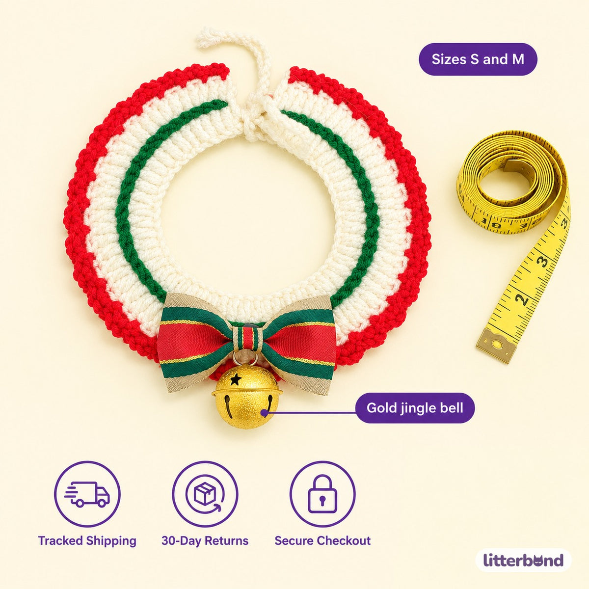 Gold Jingle Bell Ribbon Collar - size and details