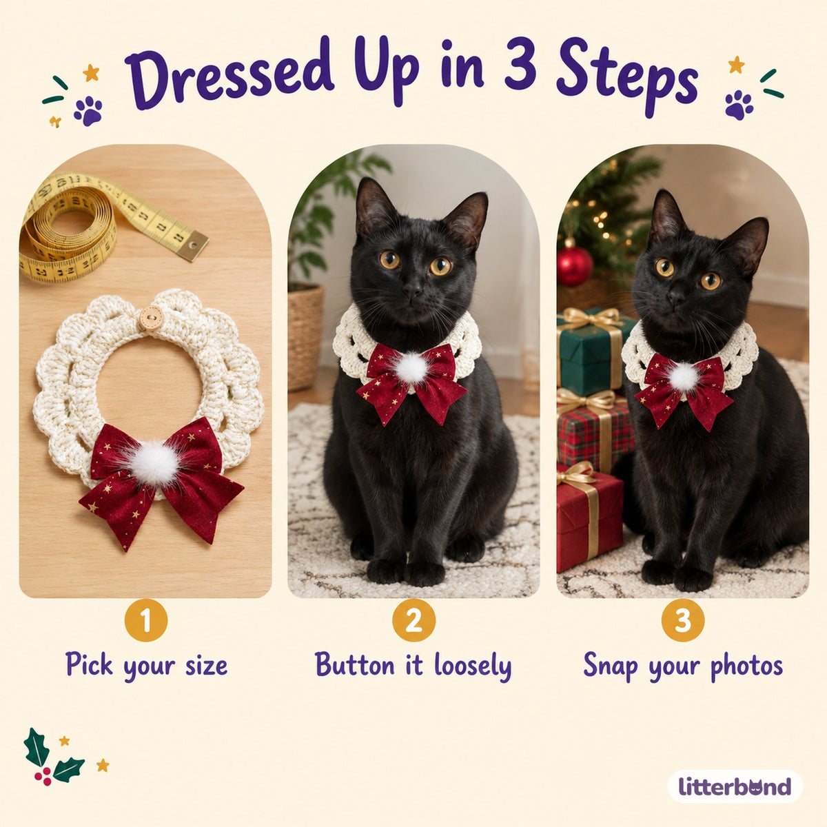 Star-Print Bow Button Collar - how to put it on