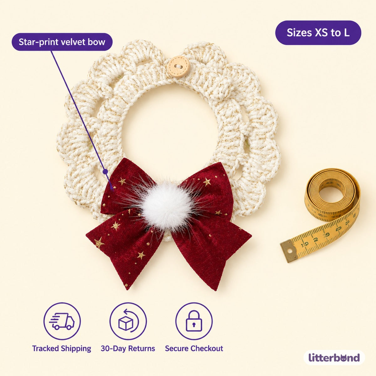 Star-Print Bow Button Collar - size and details