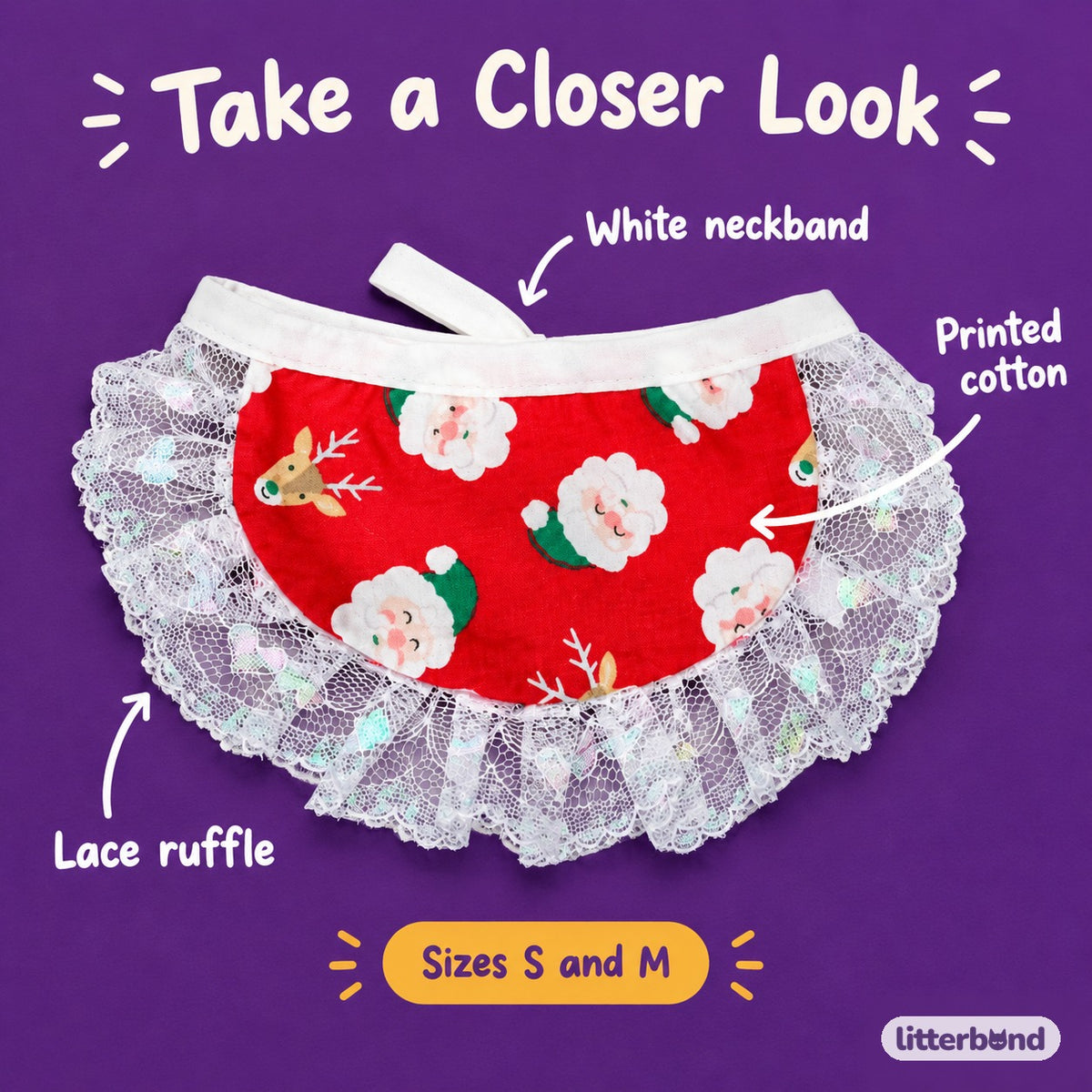 Santa & Candy Cane Lace Bib - close-up details