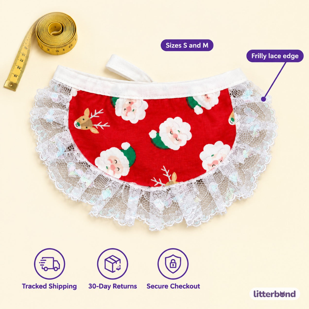 Santa & Candy Cane Lace Bib - size and details