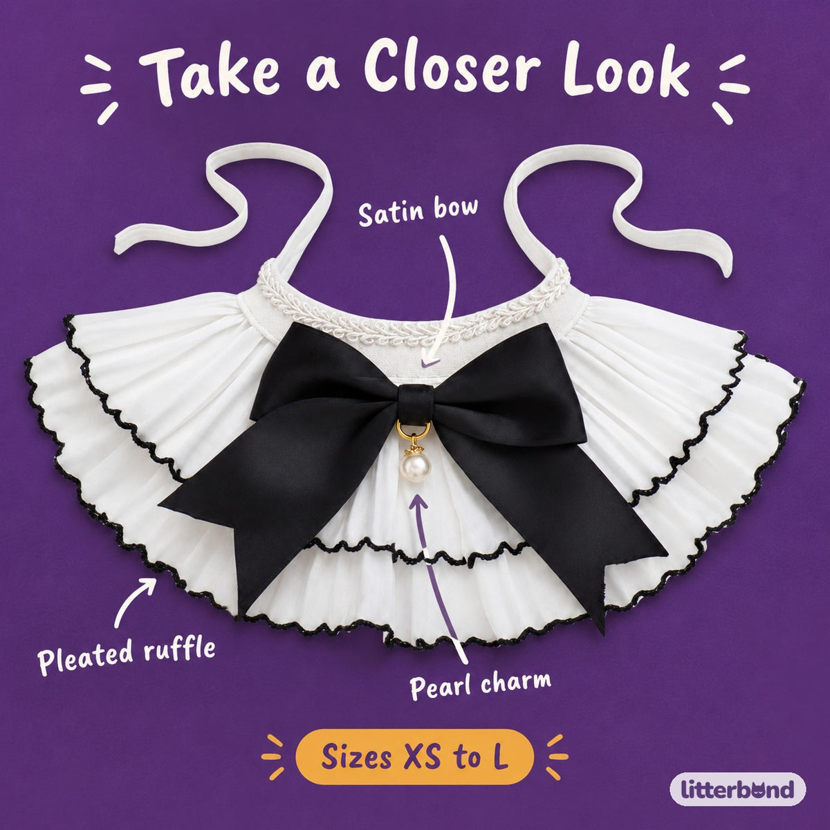 Black Bow Pleated Chiffon Collar - close-up details