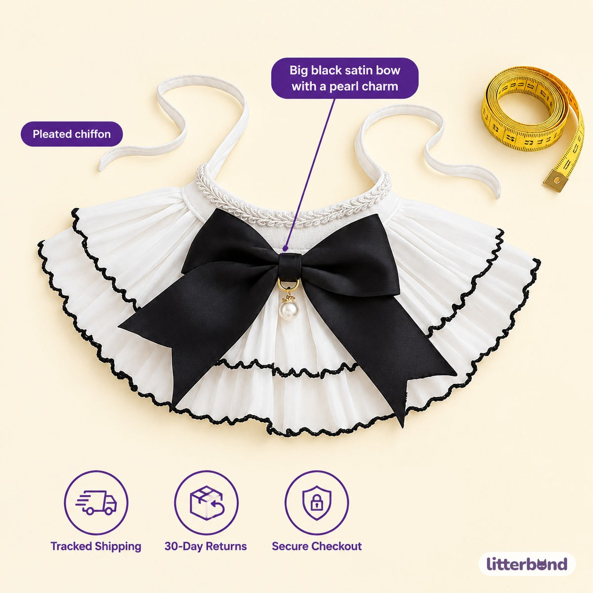 Black Bow Pleated Chiffon Collar - size and details