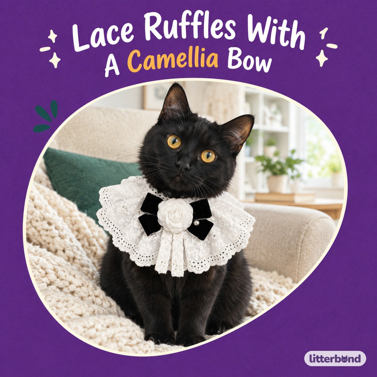 Eyelet Lace Camellia Bib on a cat