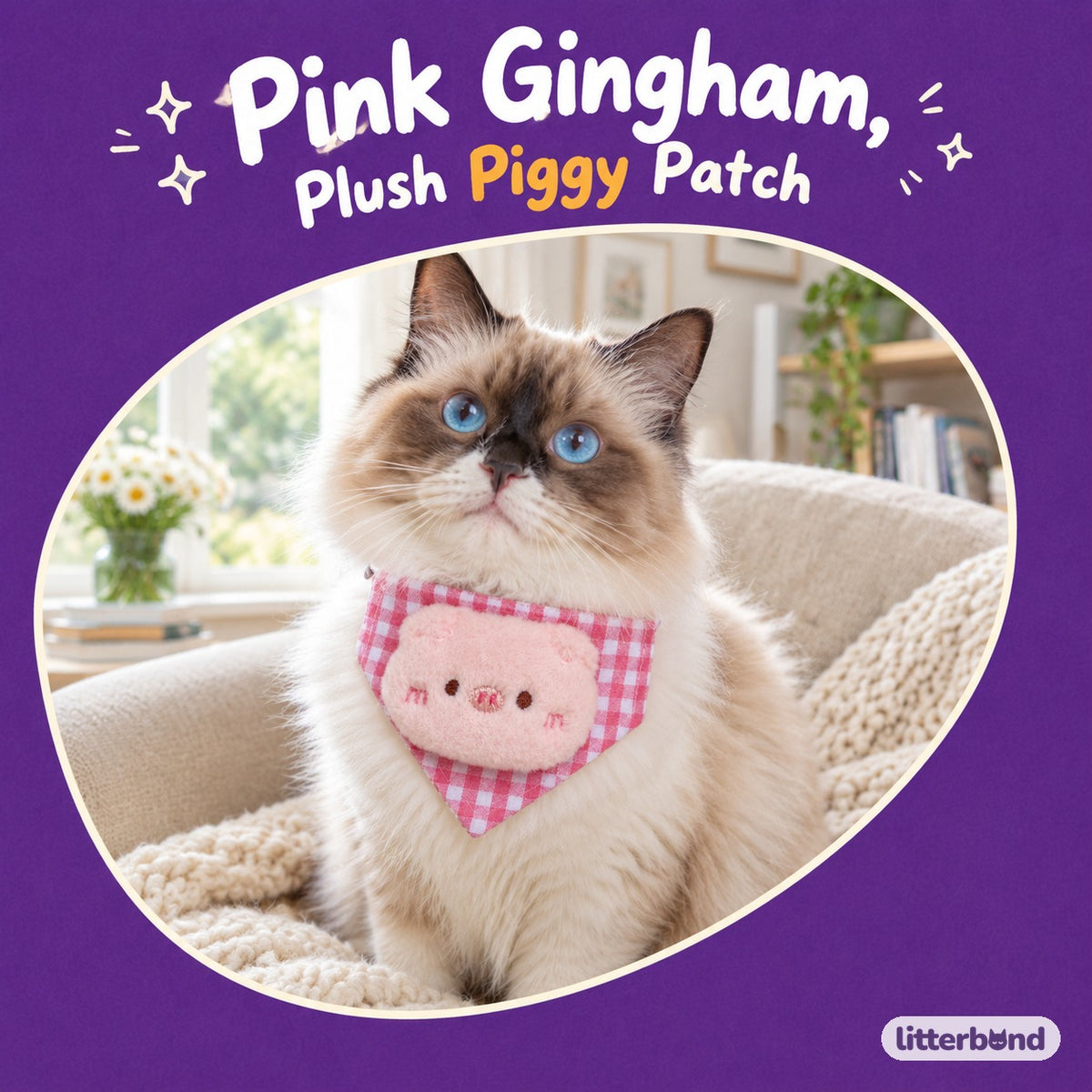 Pink Piggy Gingham Bandana on a cat