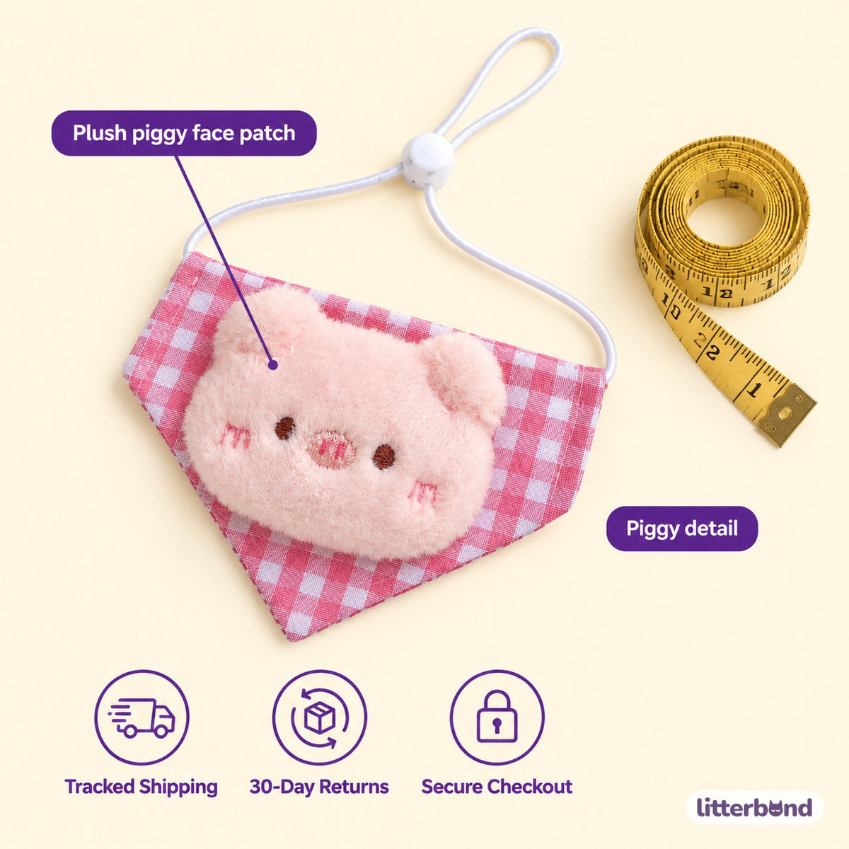 Pink Piggy Gingham Bandana - size and details