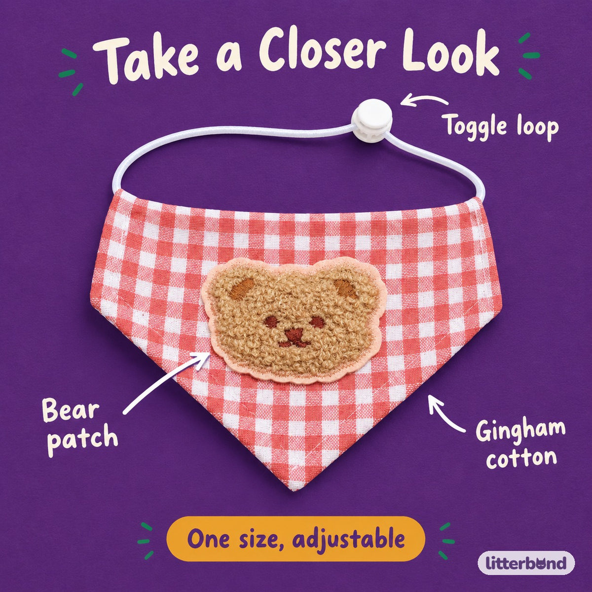 Teddy Bear Gingham Bandana - close-up details