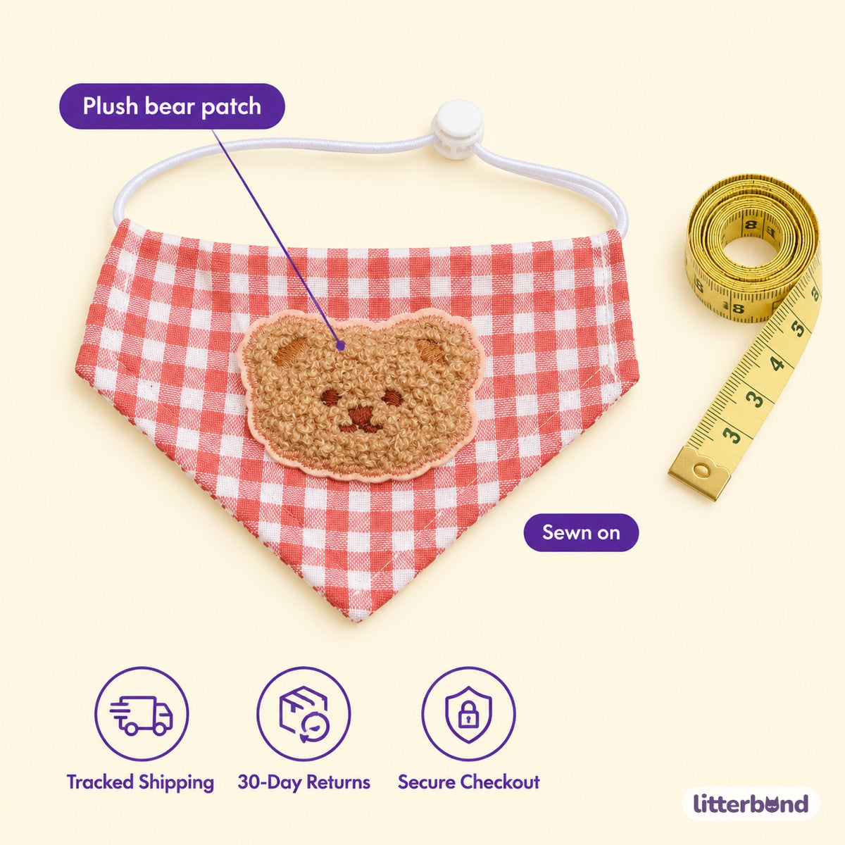 Teddy Bear Gingham Bandana - size and details