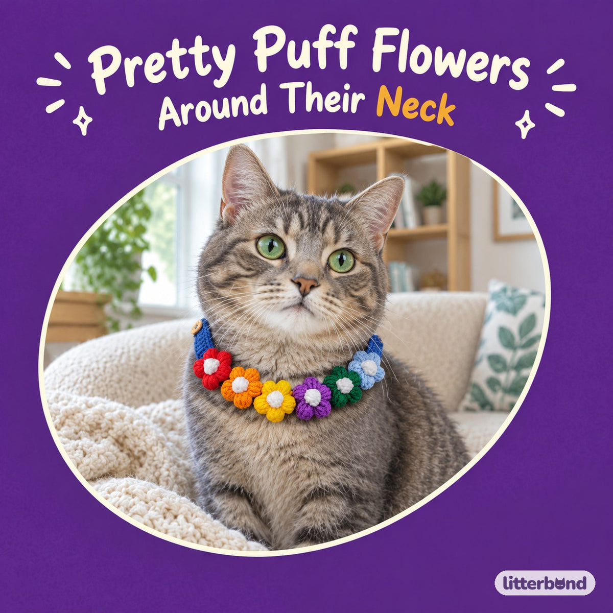 Puff Flower Crochet Collar on a cat