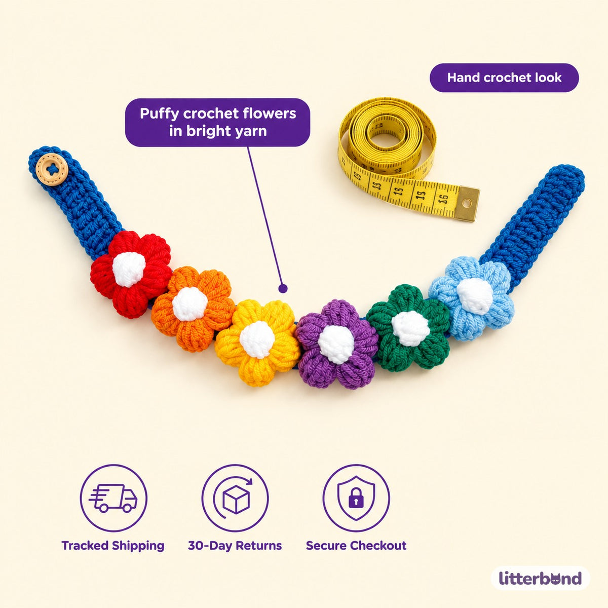 Puff Flower Crochet Collar - size and details