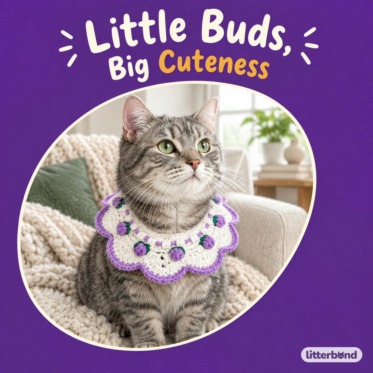 Crochet Puff Bud Bib on a cat