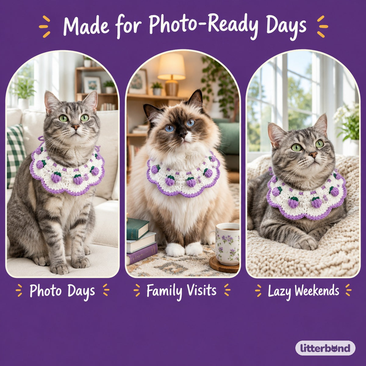 Crochet Puff Bud Bib on a cat at home
