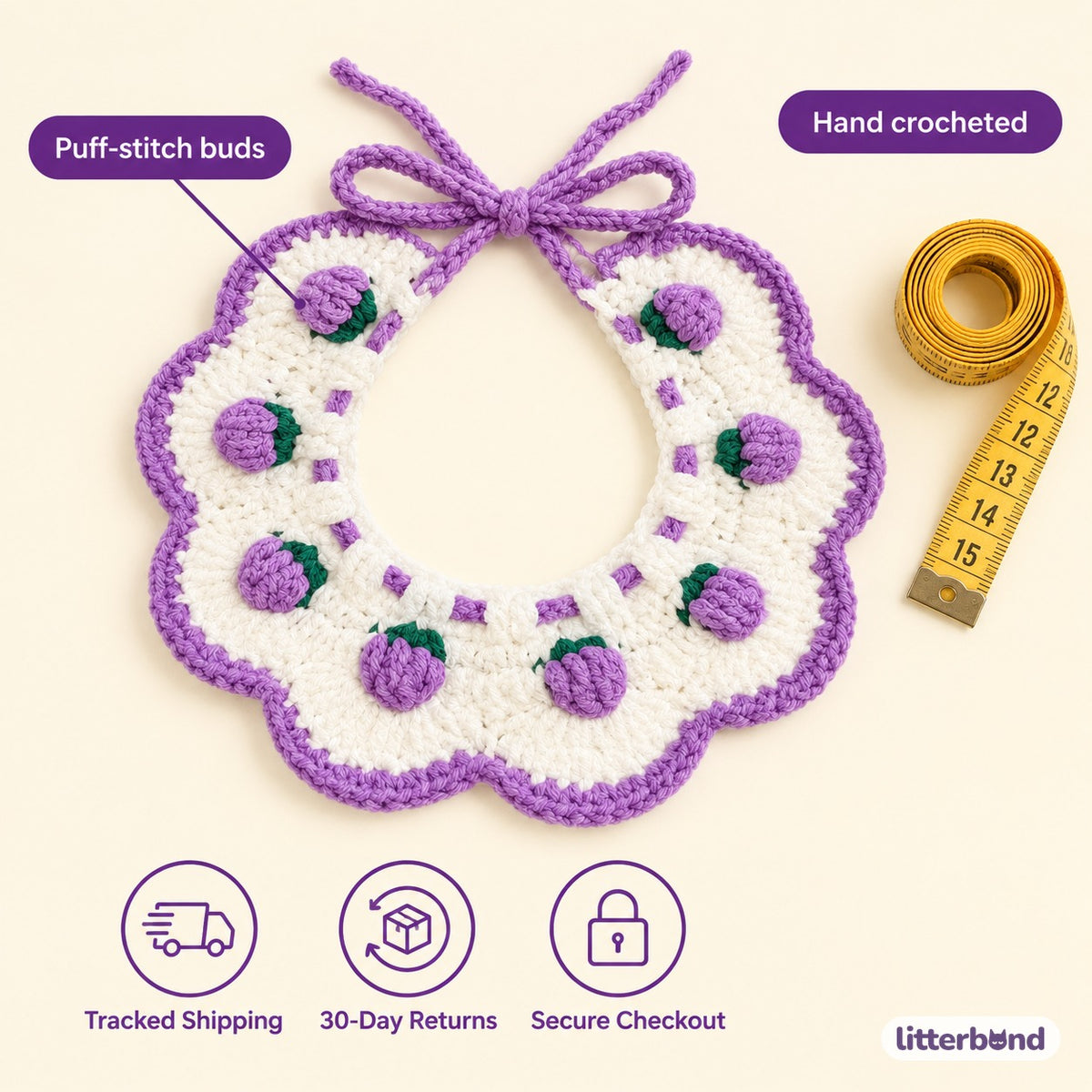 Crochet Puff Bud Bib - size and details