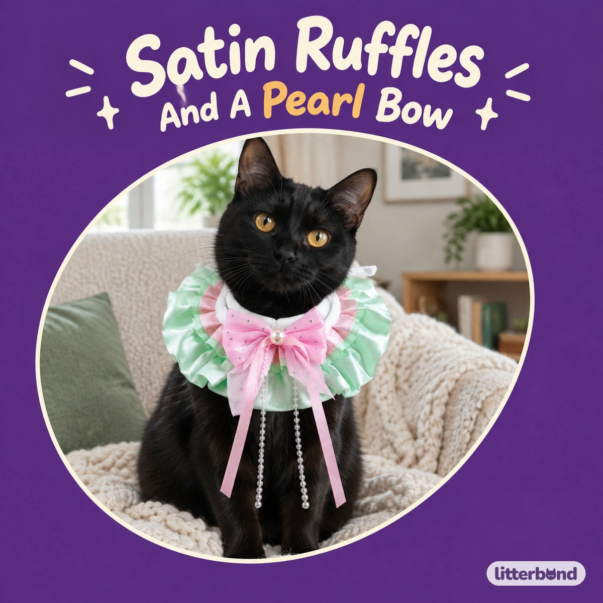 Pastel Fairy Satin Ruffle Bib on a cat