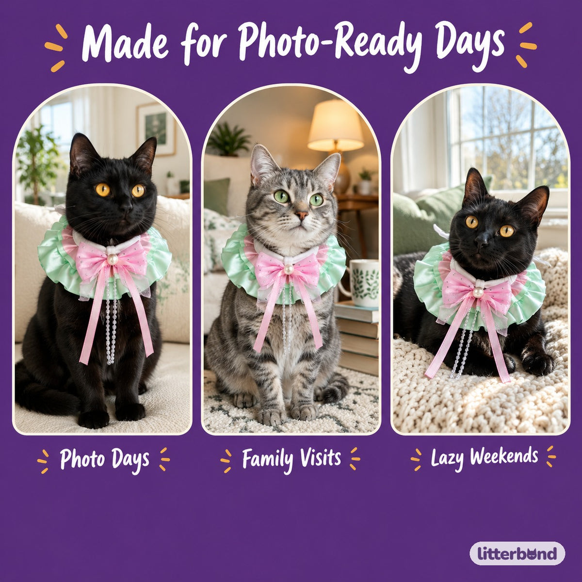 Pastel Fairy Satin Ruffle Bib on a cat at home