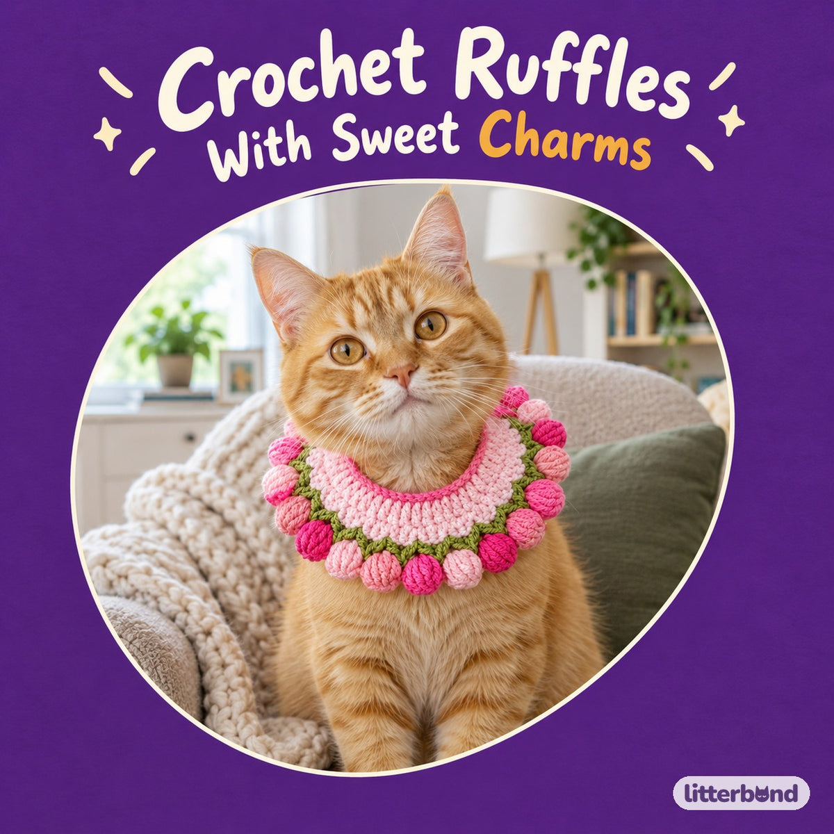 Scalloped Charm Crochet Ruffle Bib on a cat