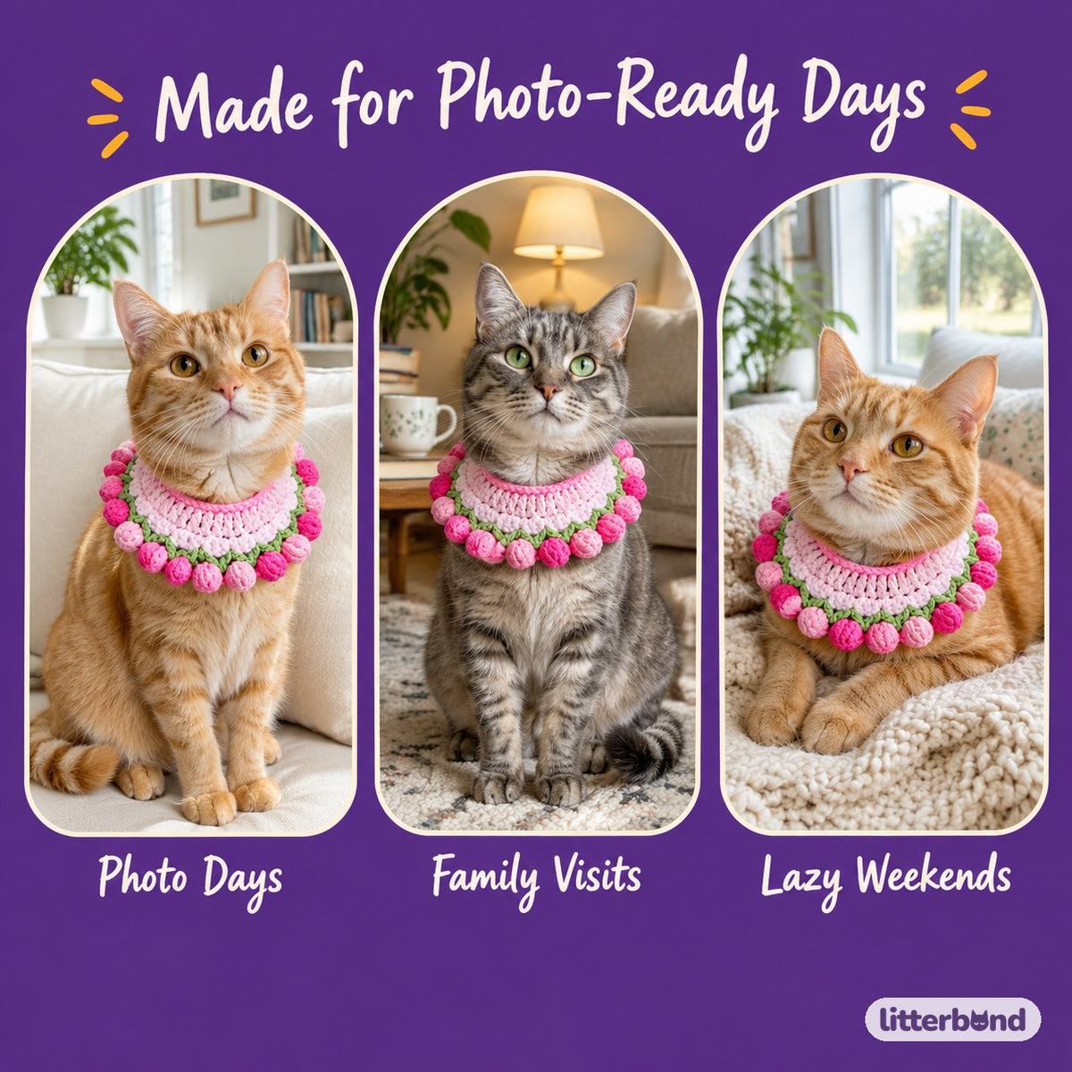 Scalloped Charm Crochet Ruffle Bib on a cat at home