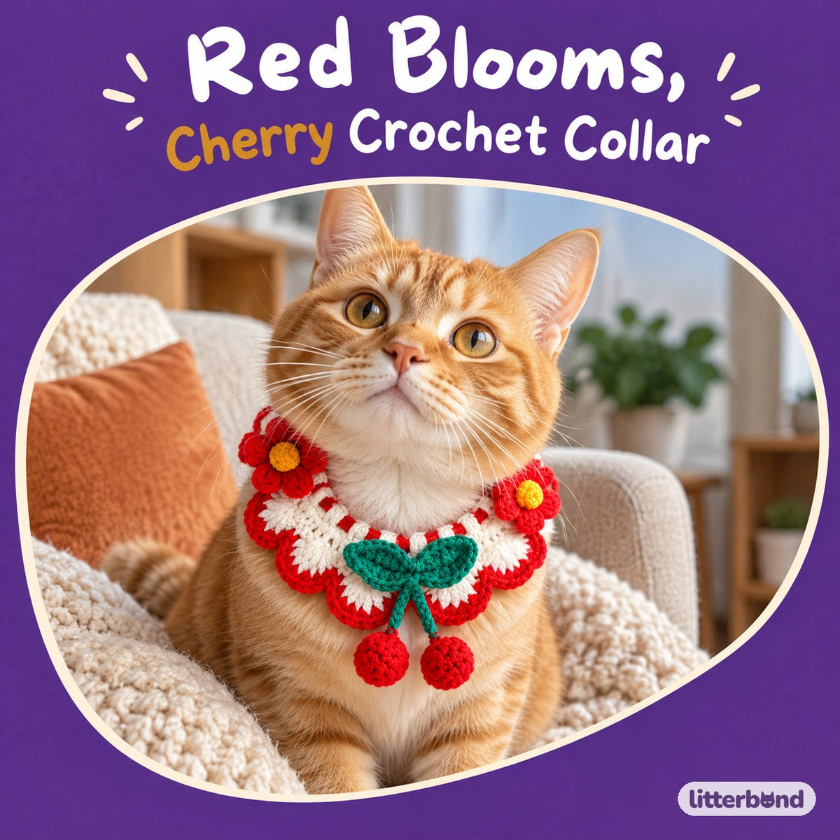 Red Cherry Crochet Flower Collar on a cat