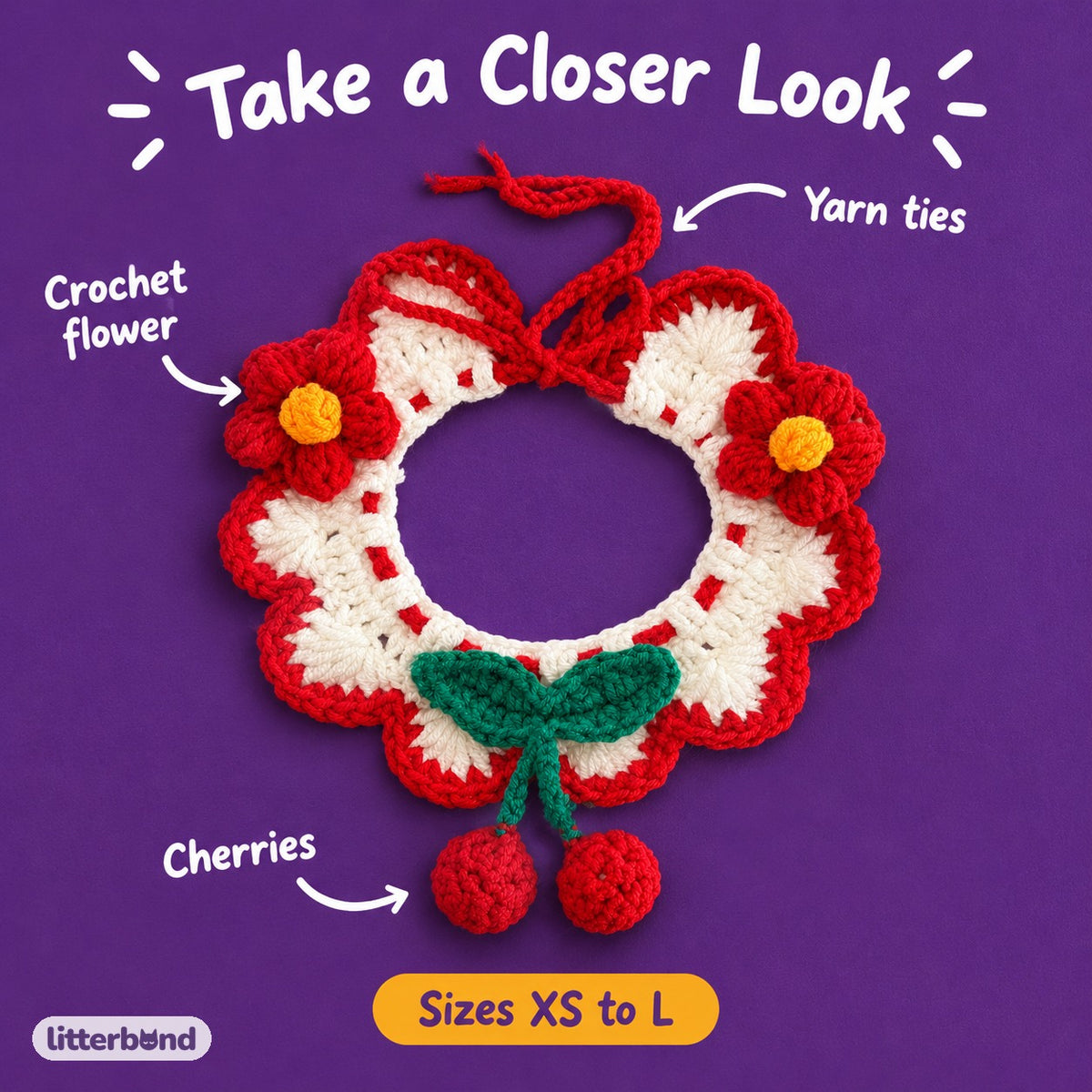 Red Cherry Crochet Flower Collar - close-up details