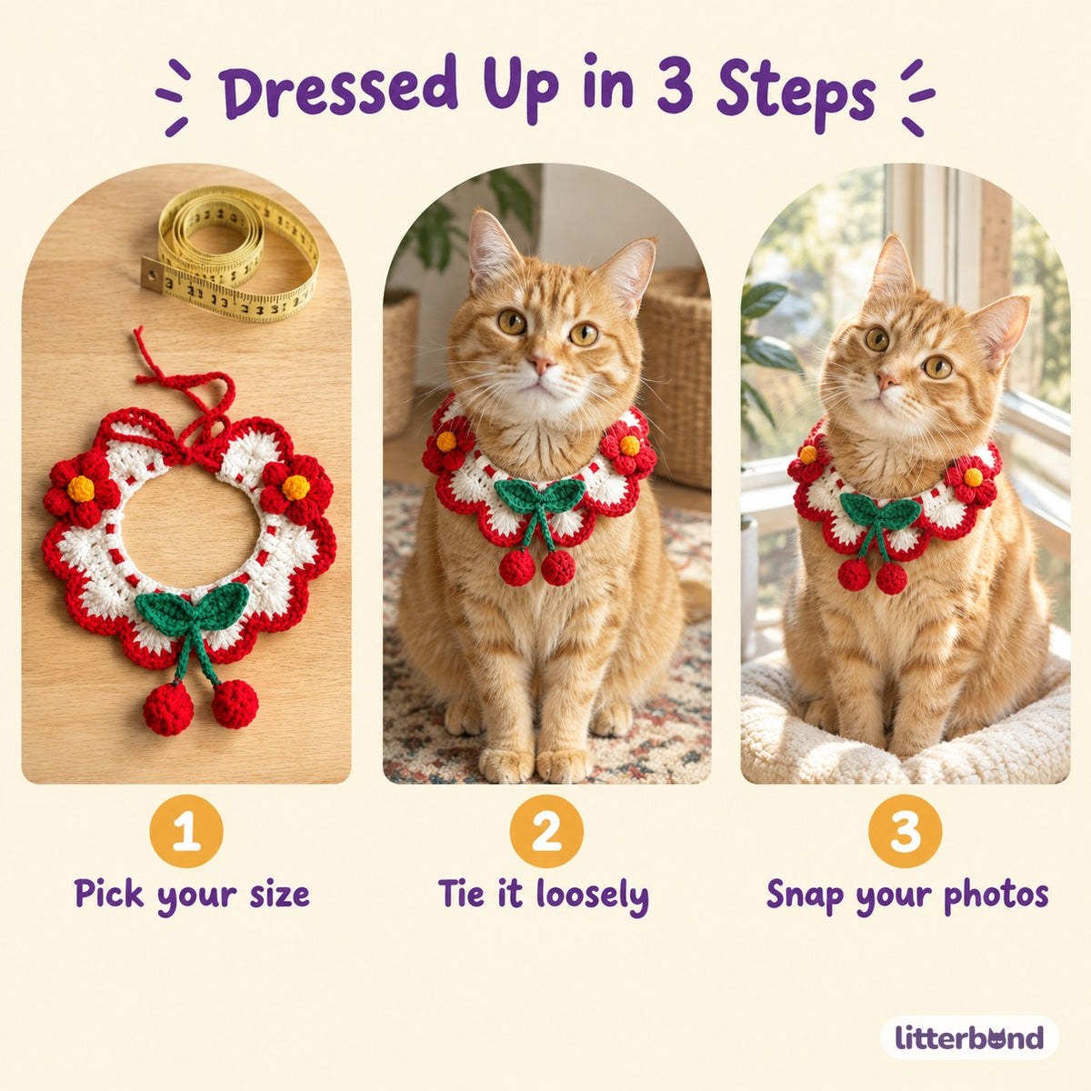 Red Cherry Crochet Flower Collar - how to put it on