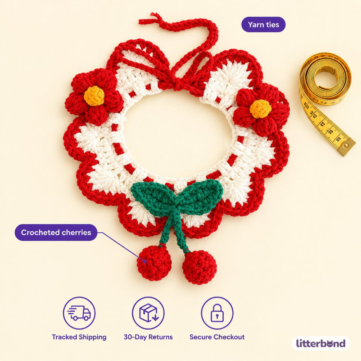 Red Cherry Crochet Flower Collar - size and details