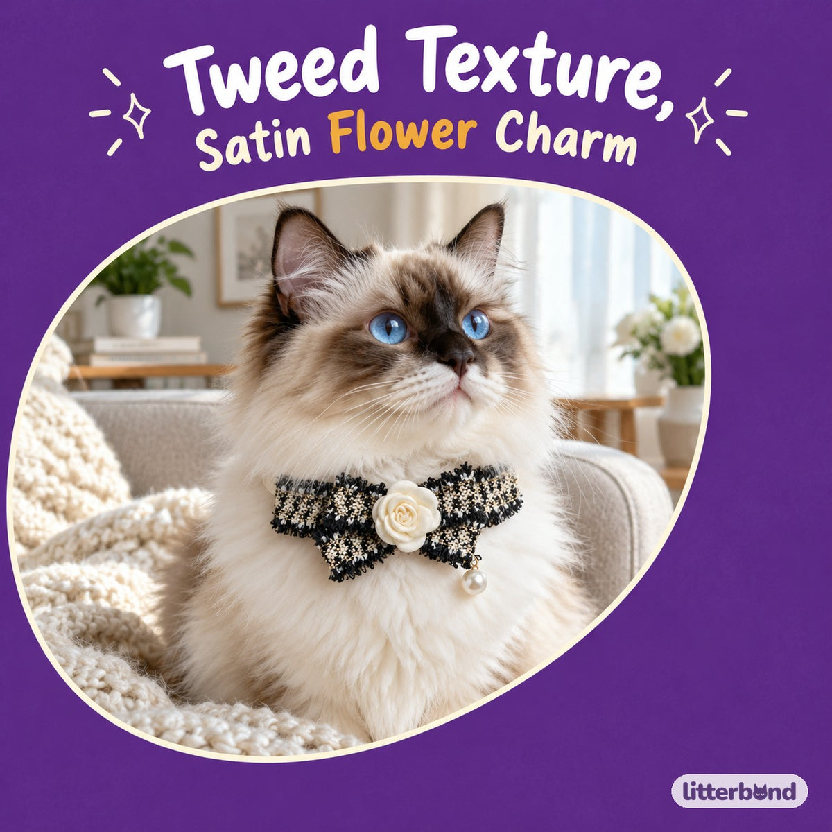Tweed-Style Flower Ribbon Collar on a cat