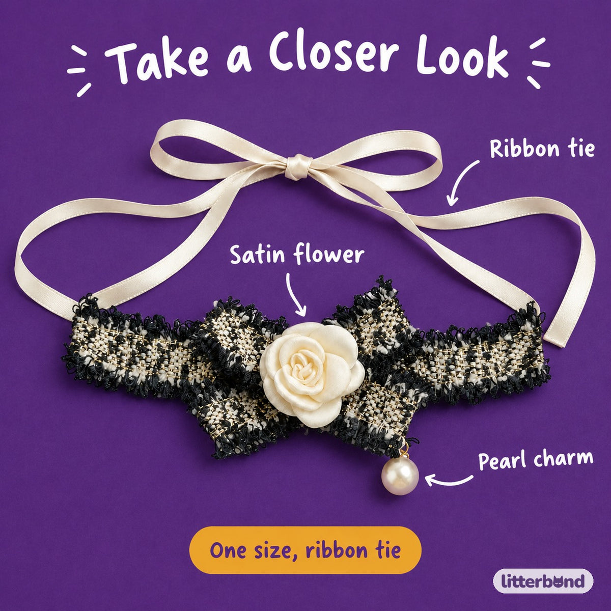 Tweed-Style Flower Ribbon Collar - close-up details
