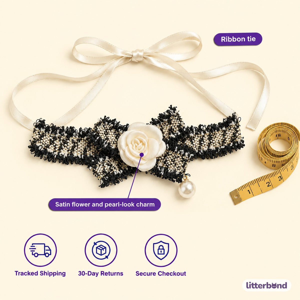 Tweed-Style Flower Ribbon Collar - size and details