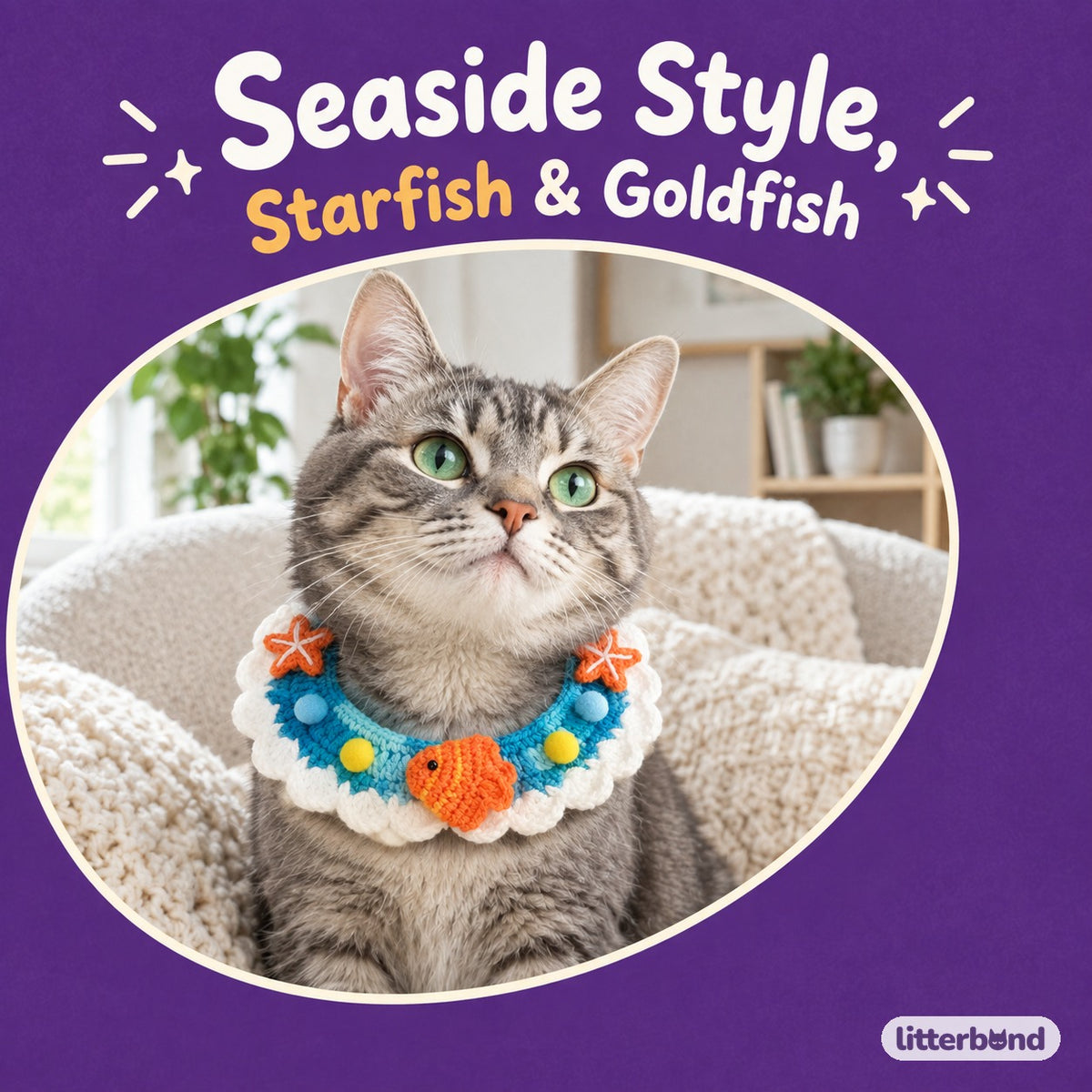 Starfish Goldfish Crochet Collar on a cat
