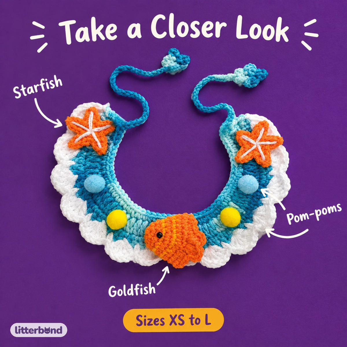 Starfish Goldfish Crochet Collar - close-up details