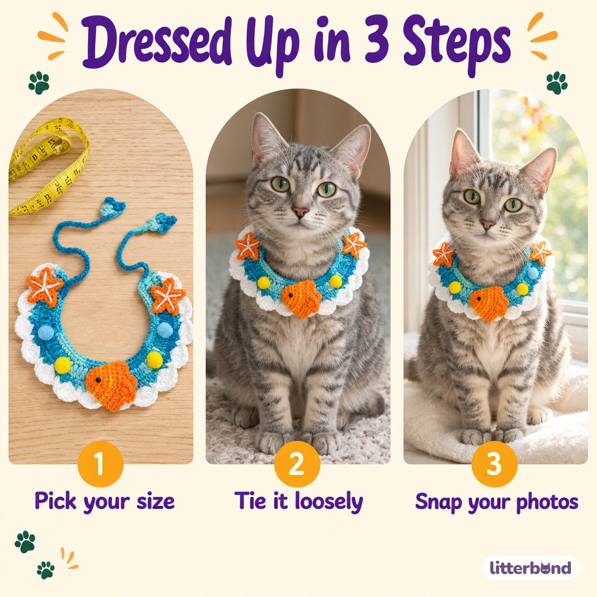 Starfish Goldfish Crochet Collar - how to put it on