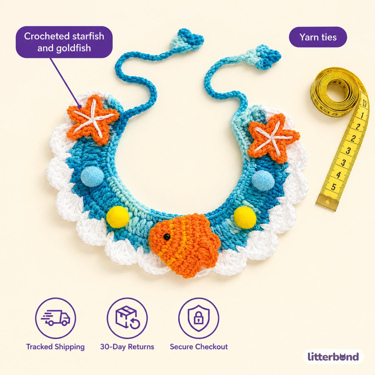 Starfish Goldfish Crochet Collar - size and details