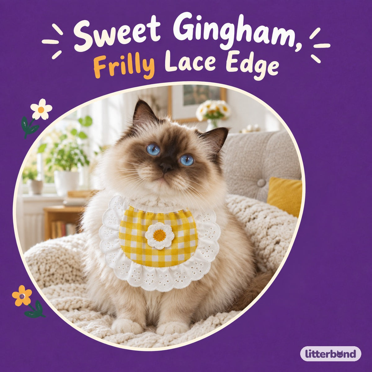 Daisy Gingham Lace Bib on a cat