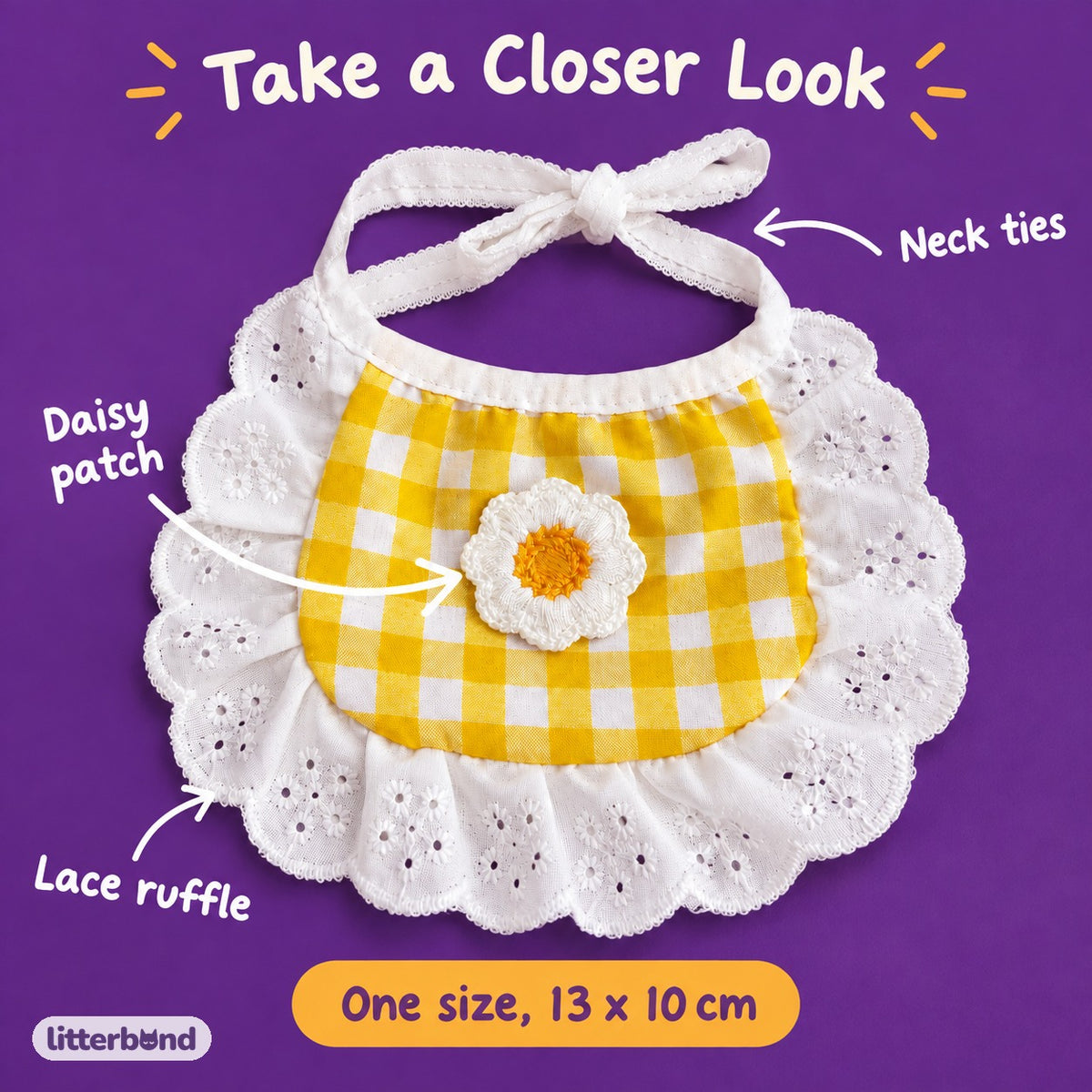 Daisy Gingham Lace Bib - close-up details