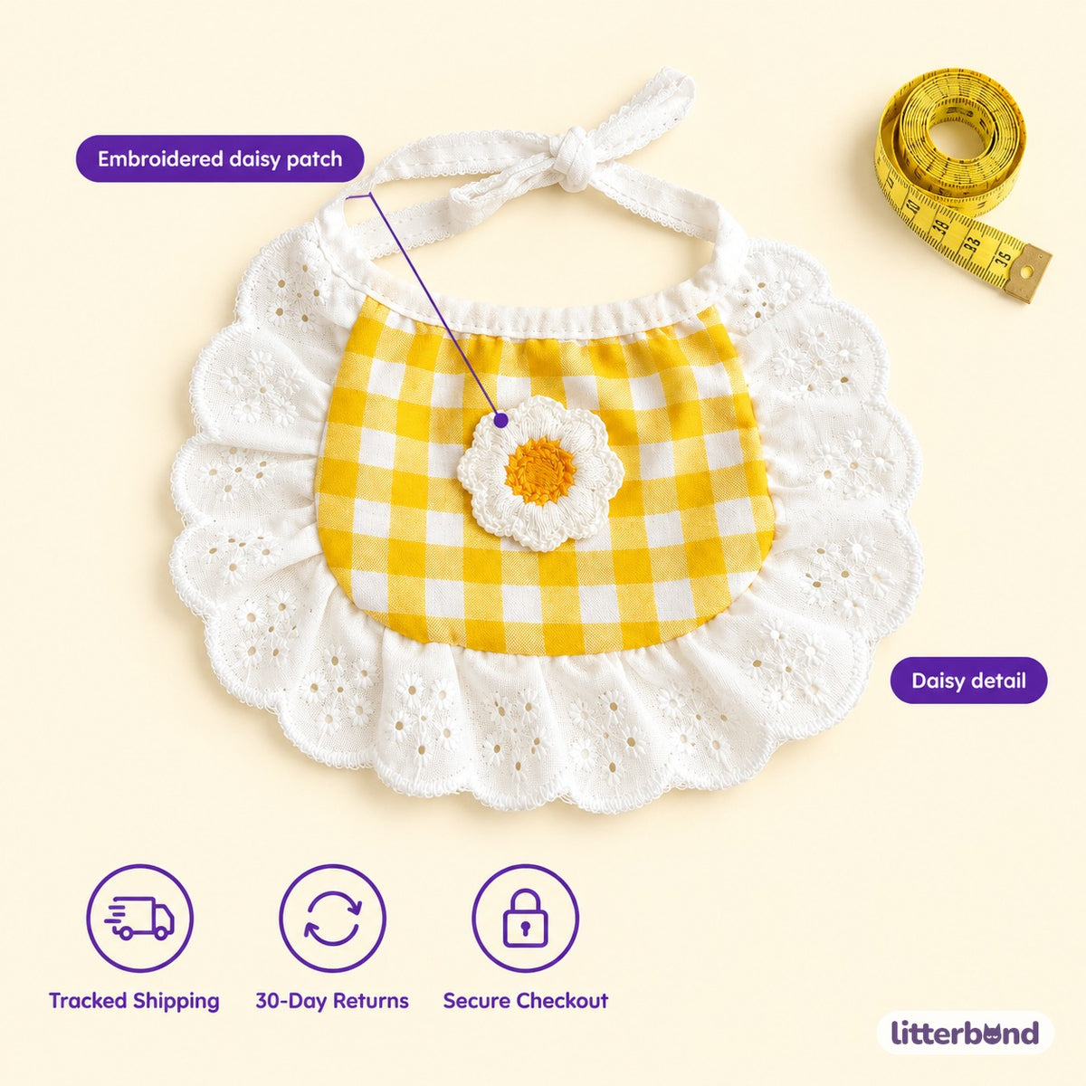 Daisy Gingham Lace Bib - size and details