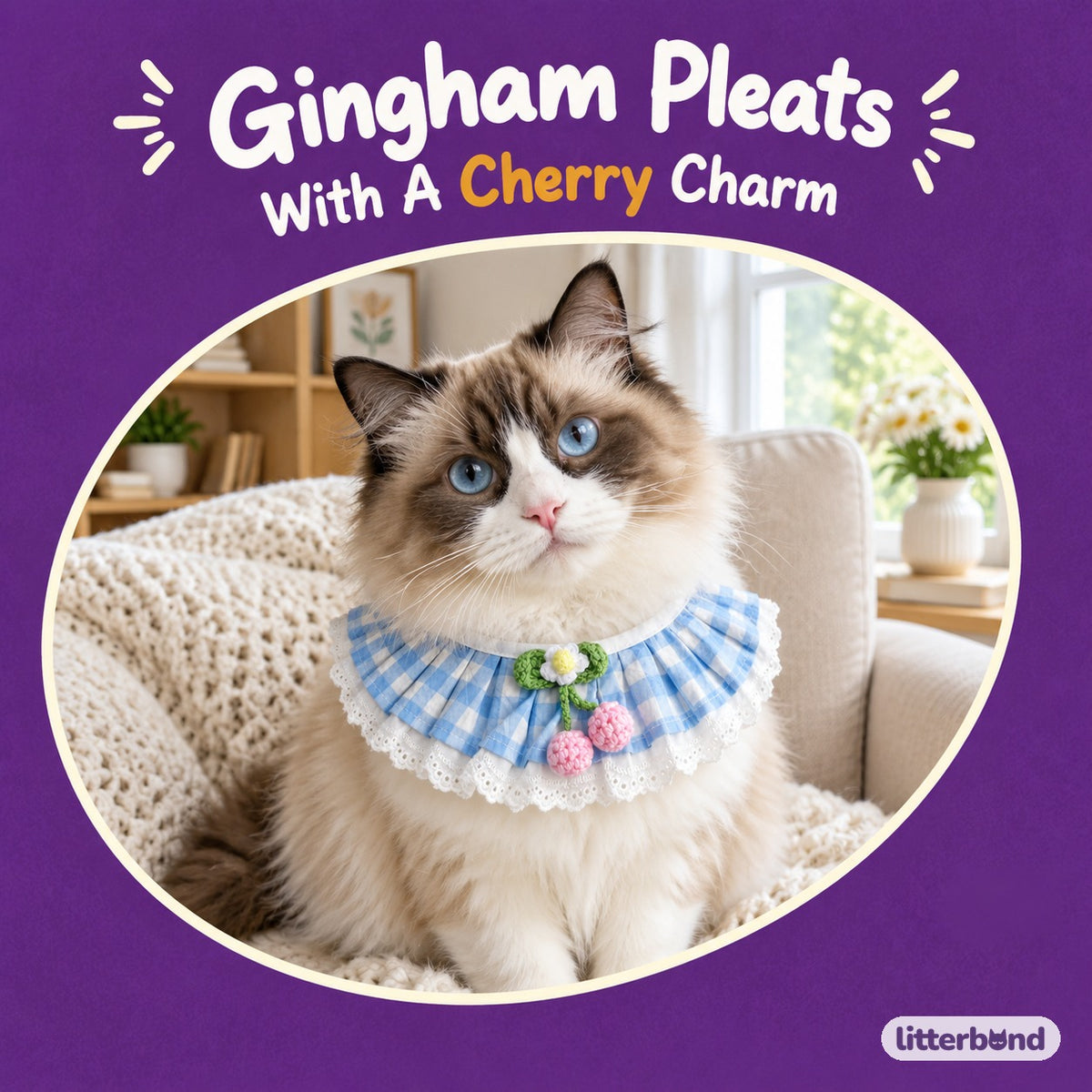 Pleated Gingham Cherry Collar on a cat