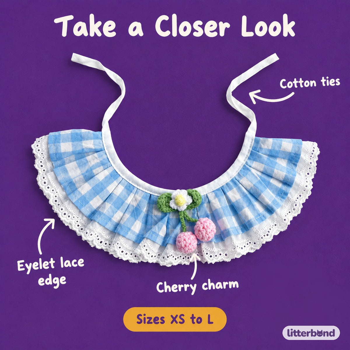 Pleated Gingham Cherry Collar - close-up details