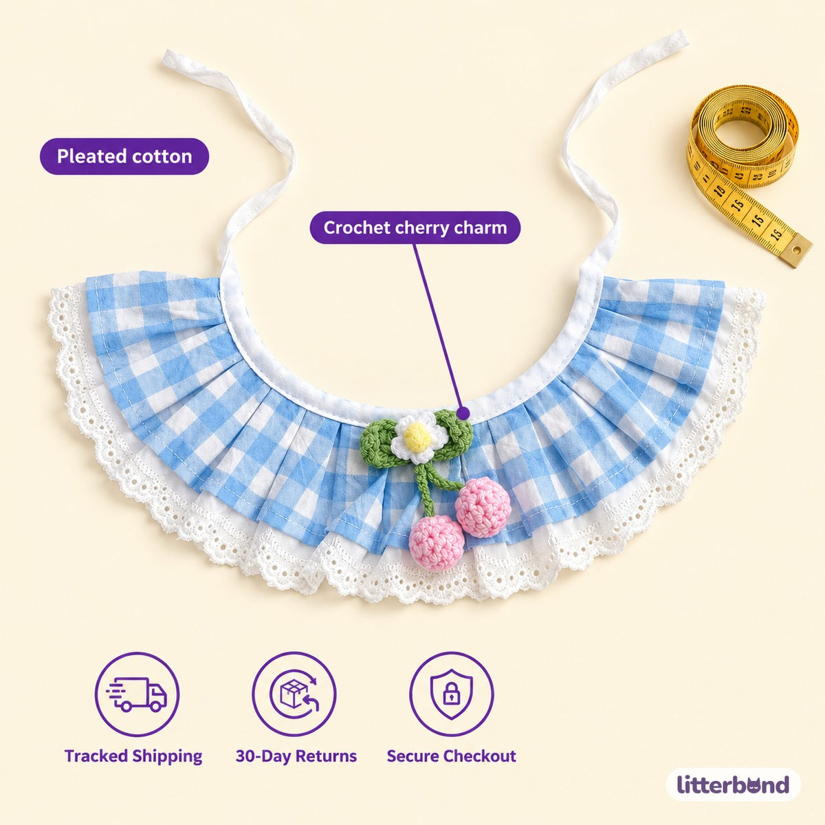 Pleated Gingham Cherry Collar - size and details