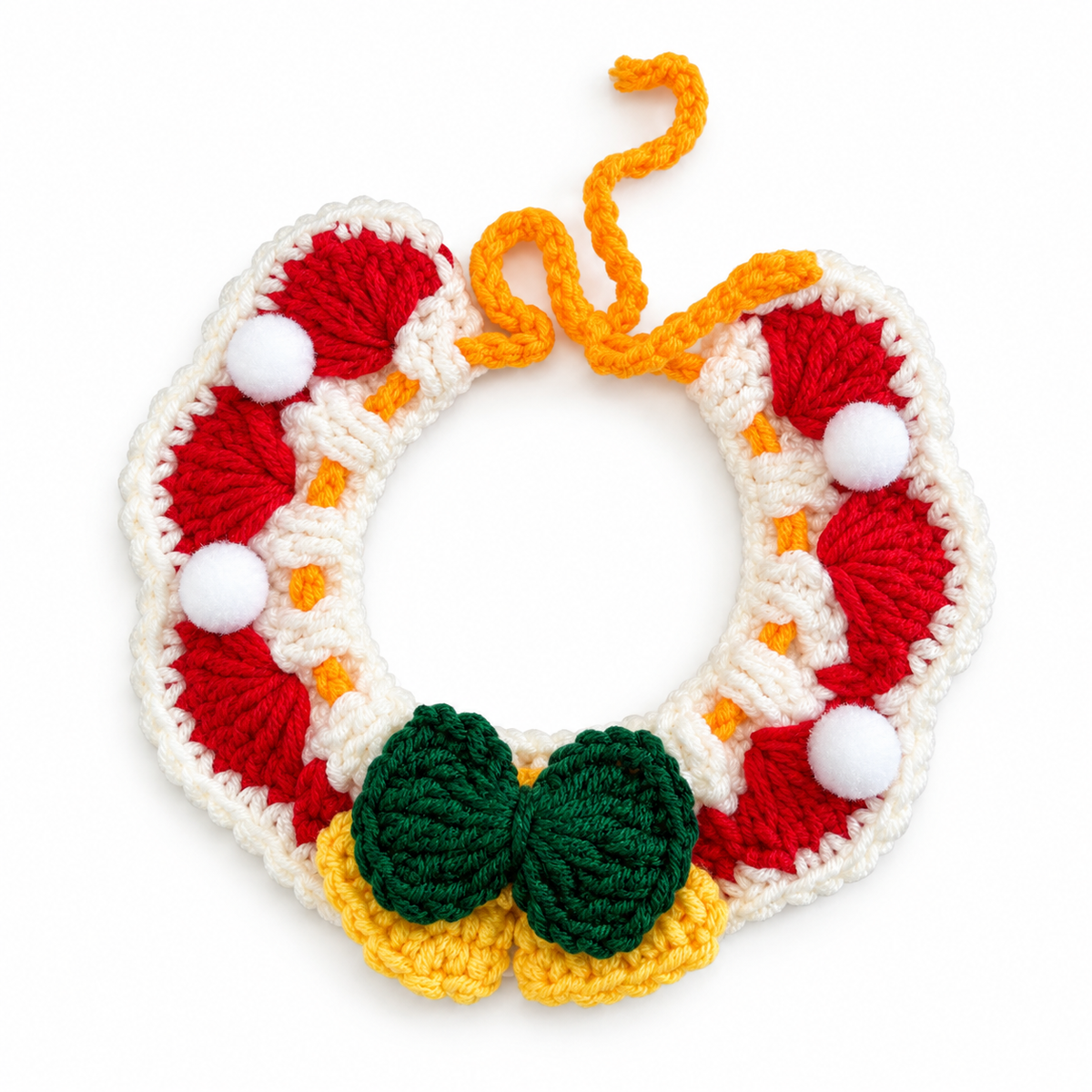 Christmas Pom-Pom Crochet Collar - Red Bow
