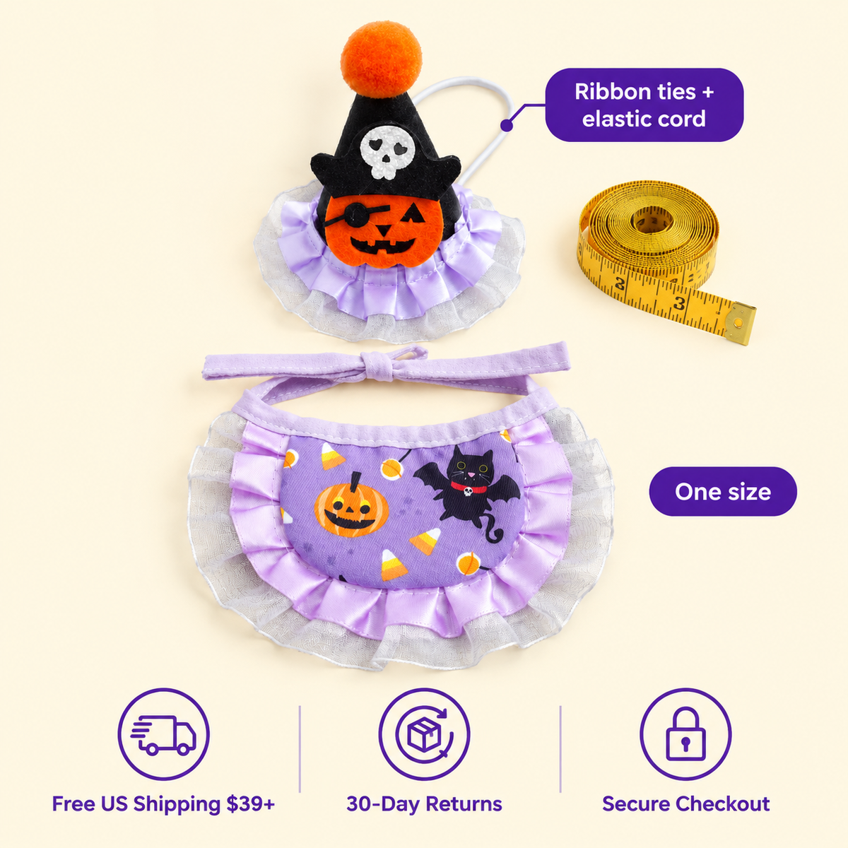 LitterBond Halloween Bib & Party Hat Set - size and store policies