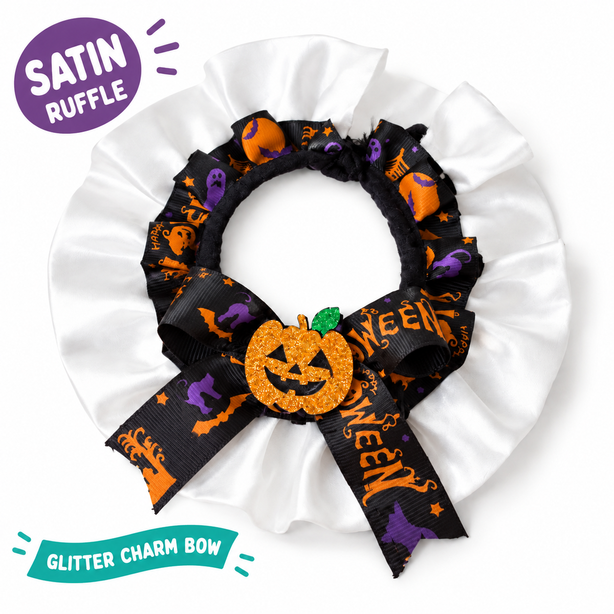 LitterBond Satin Ruffle Halloween Bow Collar - main features