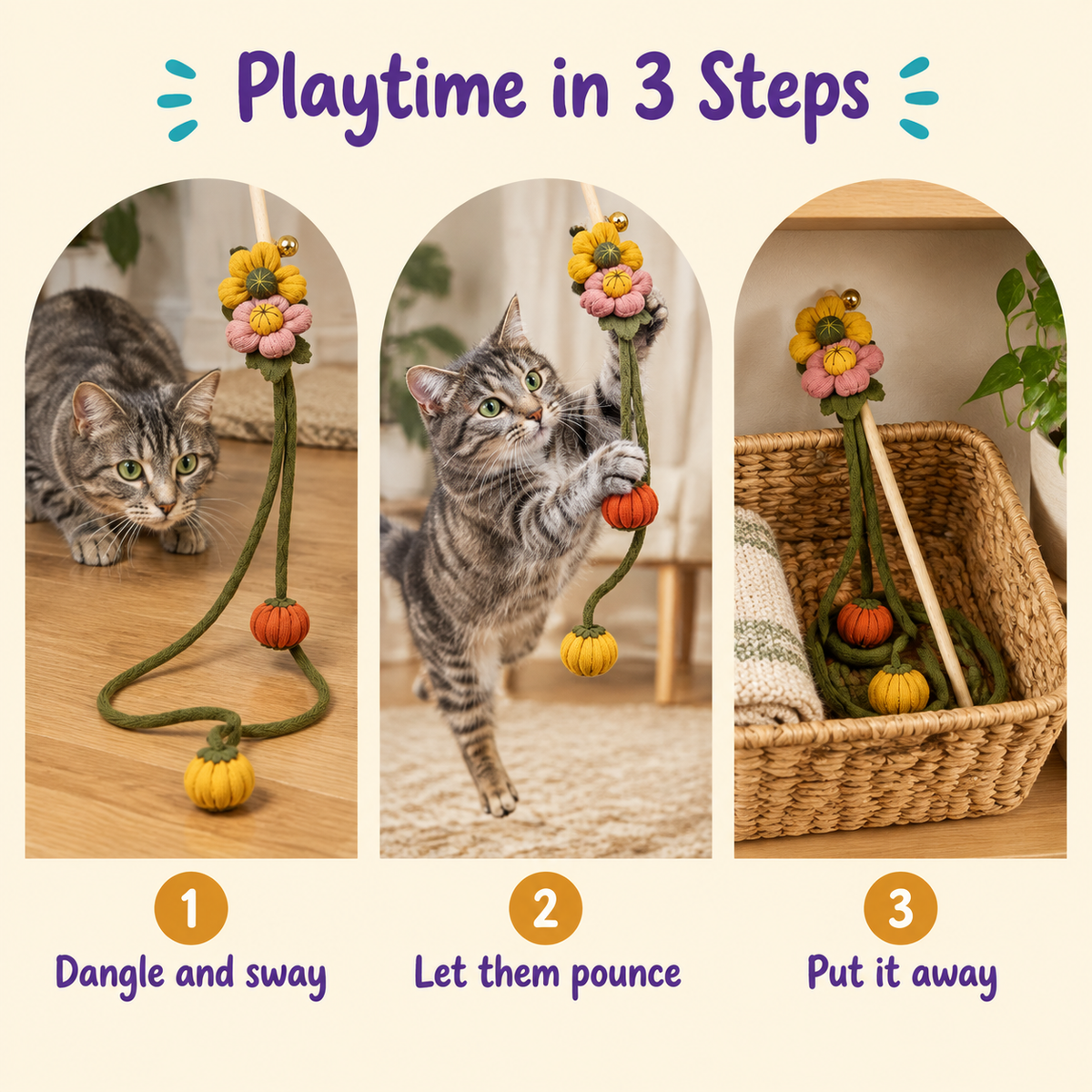 LitterBond Knit Flower & Pumpkin Wand Toy - how to play