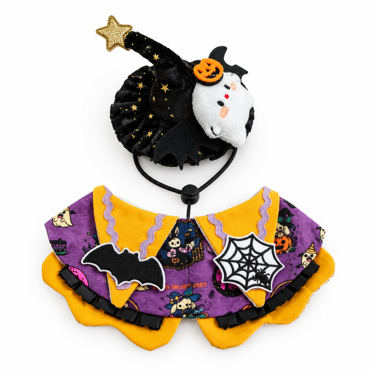 LitterBond Little Witch Collar & Hat Set Bat & Web on white background