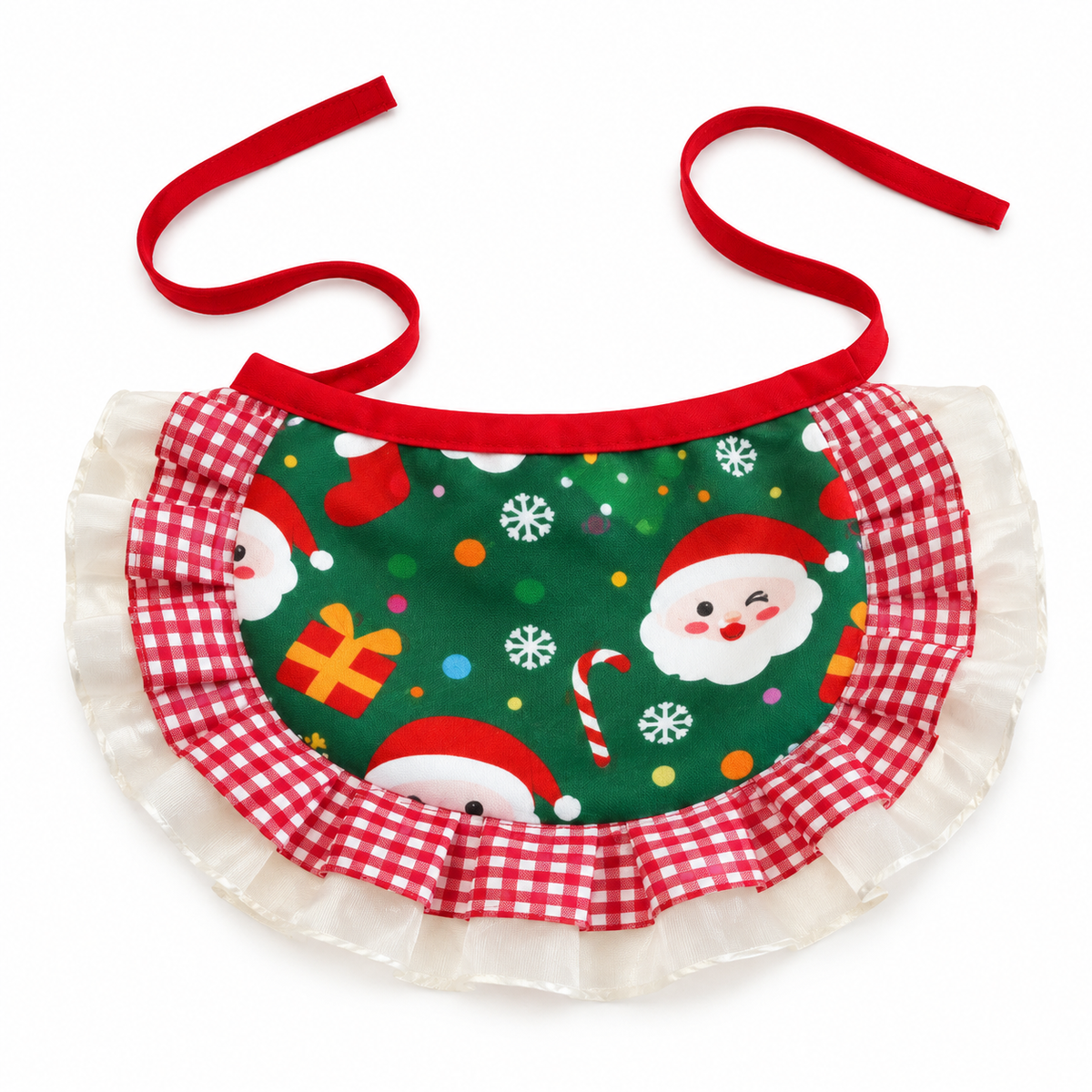 Christmas Print Ruffle Bib - Green Santa Gingham